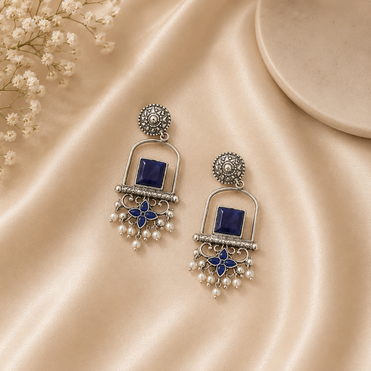 Royal Sapphire Oxidised Silver Statement Earrings