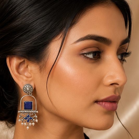 Royal Sapphire Oxidised Silver Statement Earrings