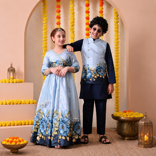 Premium Blue Floral Printed Kids Ethnic Wear Set for Boys & Girls