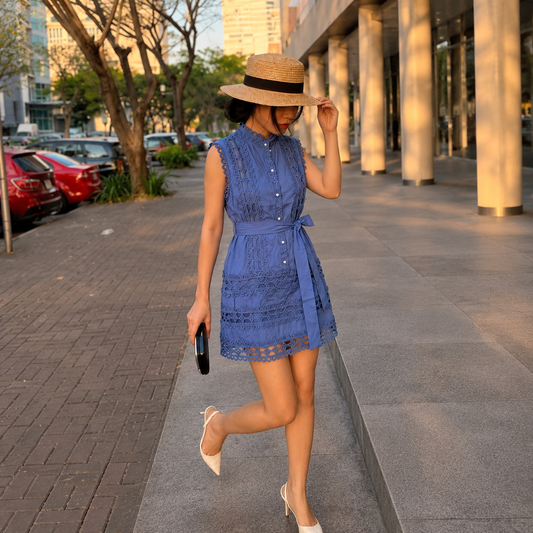 Women's Premium Lace Detail Belted Mini Dress – Blue, Black & White