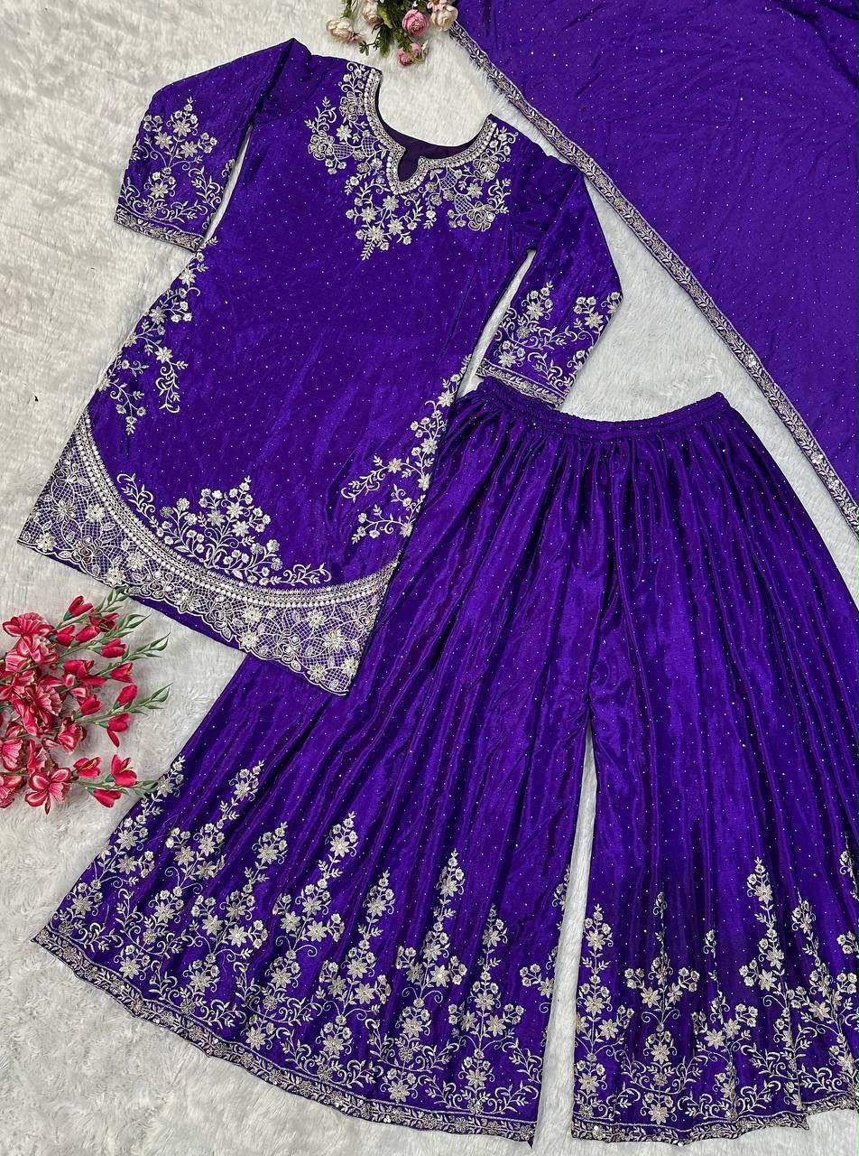 Designer Party Wear Top & Palazzo Set with Fancy Embroidered Dupatta | Heavy Chinon Silk | Fully Stitched