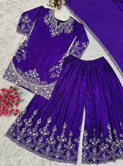 Designer Party Wear Top & Palazzo Set with Fancy Embroidered Dupatta | Heavy Chinon Silk | Fully Stitched