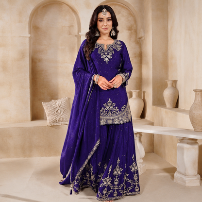 Designer Party Wear Top & Palazzo Set with Fancy Embroidered Dupatta | Heavy Chinon Silk | Fully Stitched