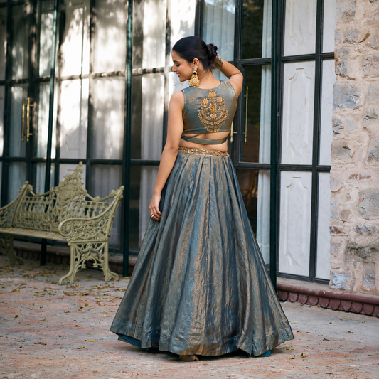 Steel Blue Fendi Silk Lehenga Set With Sequin & Thread Embroidery | Blouse Un-stitched