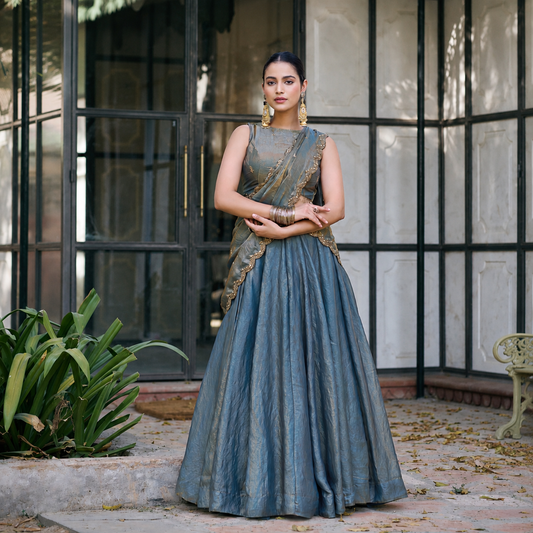 Steel Blue Fendi Silk Lehenga Set With Sequin & Thread Embroidery | Blouse Un-stitched