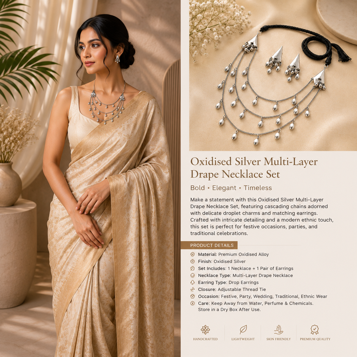 Boho Chic Oxidised Silver Statement Necklace & Earrings Set