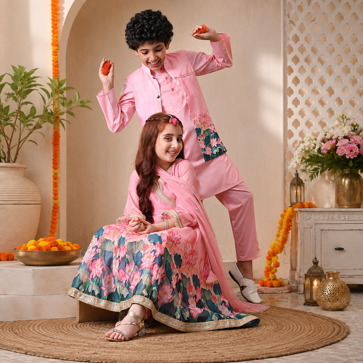 Ethnic Wear for Girls & Boys – Chanderi Anarkali Set & Kurta Pyjama with Taffeta Jacket