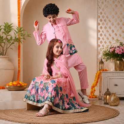 Ethnic Wear for Girls & Boys – Chanderi Anarkali Set & Kurta Pyjama with Taffeta Jacket