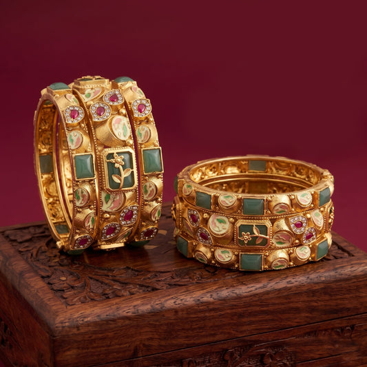 Premium Rajwadi Gold-Plated 6 Pcs Designer Chuda Set with Green Stone & Meenakari Work