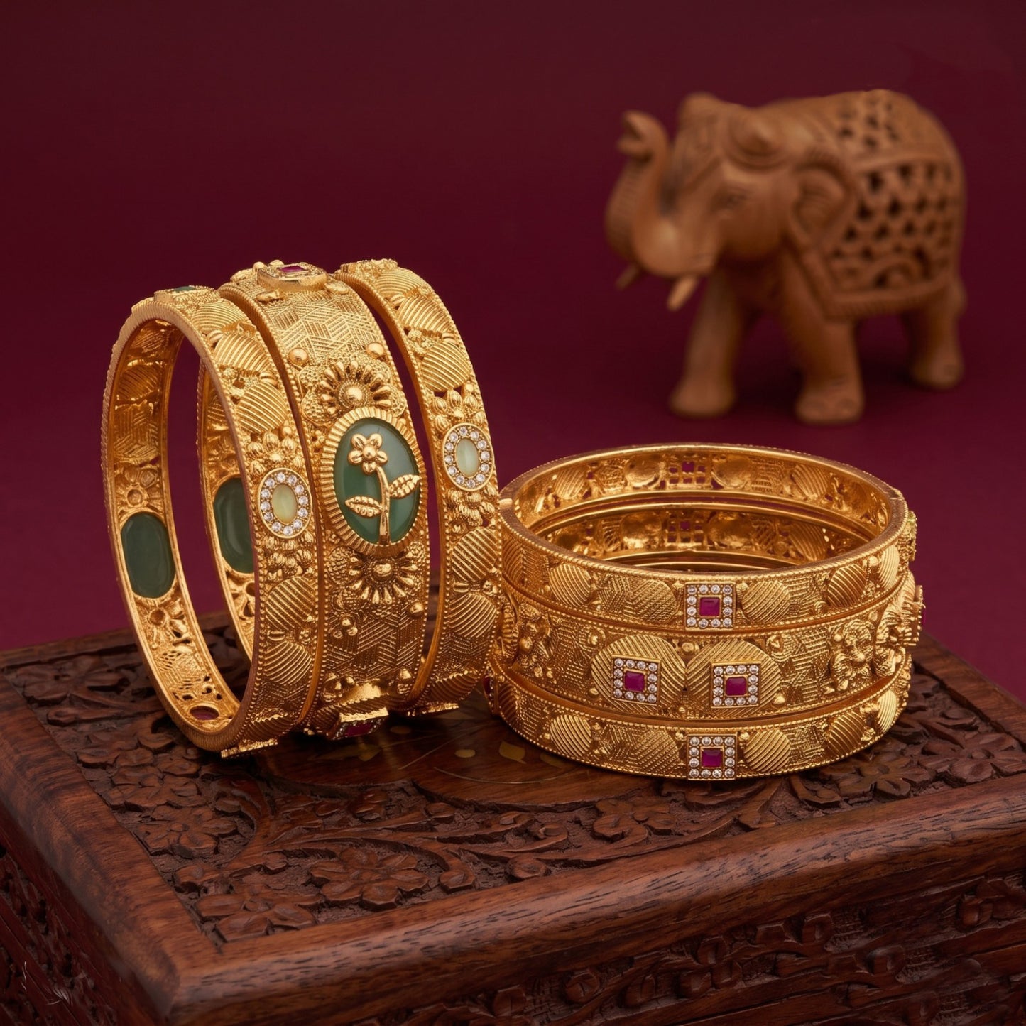 Premium Rajwadi Gold-Plated 6 Pcs Designer Chuda Set with Green Stone & Ruby Crystal Work