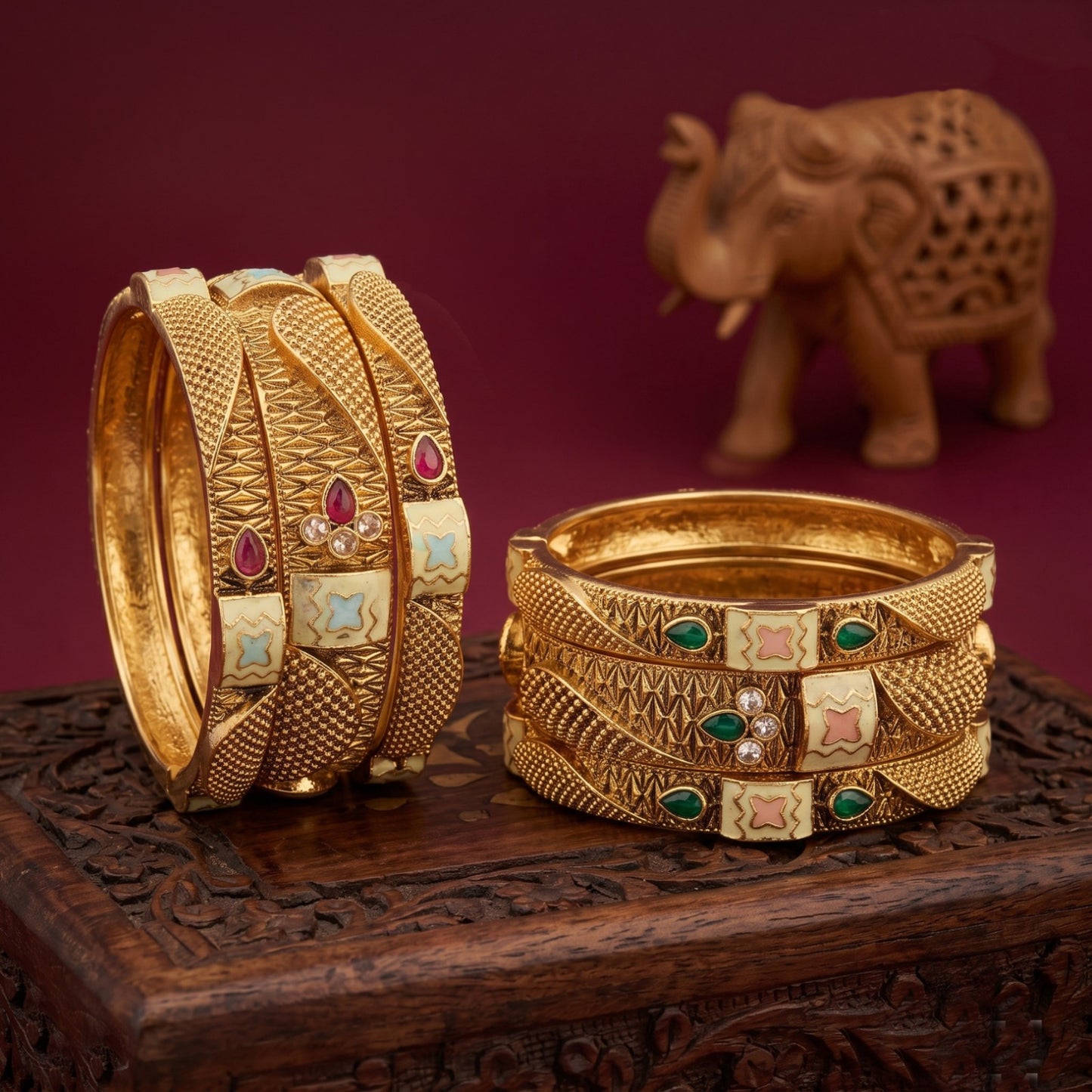 Premium Rajwadi Gold-Plated 6 Pcs Designer Chuda Set with Meenakari & Stone Work