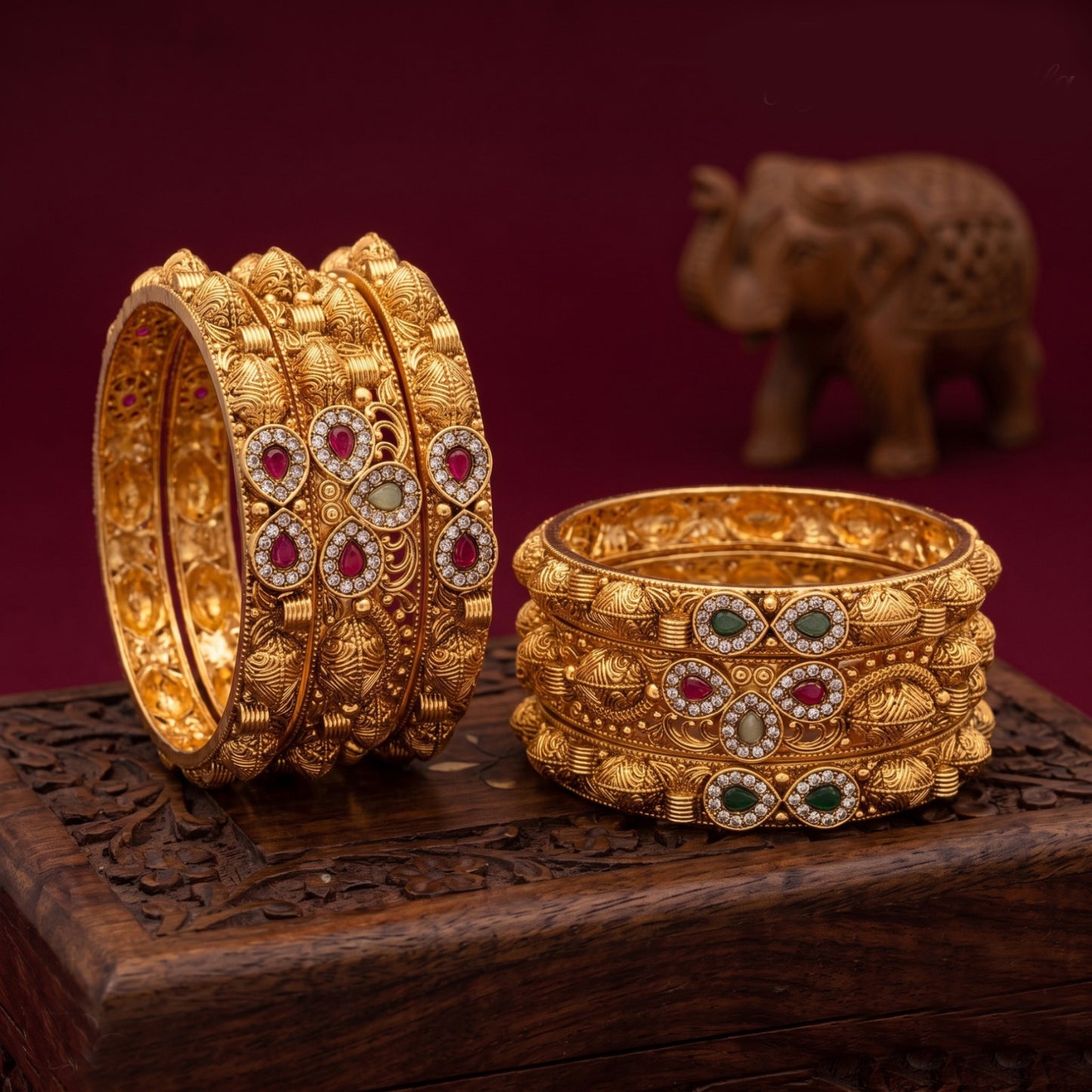 Premium Rajwadi Gold-Plated 6 Pcs Designer Chuda Set with Ruby & Green Stone Work