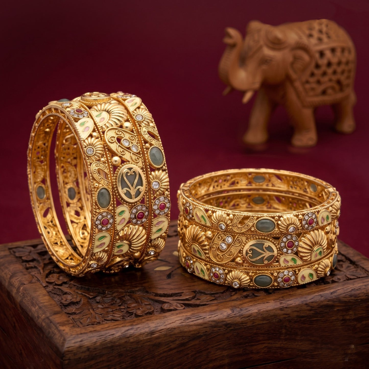 Premium Rajwadi Gold-Plated 6 Pcs Designer Chuda Set with Green Stone & Meenakari Work