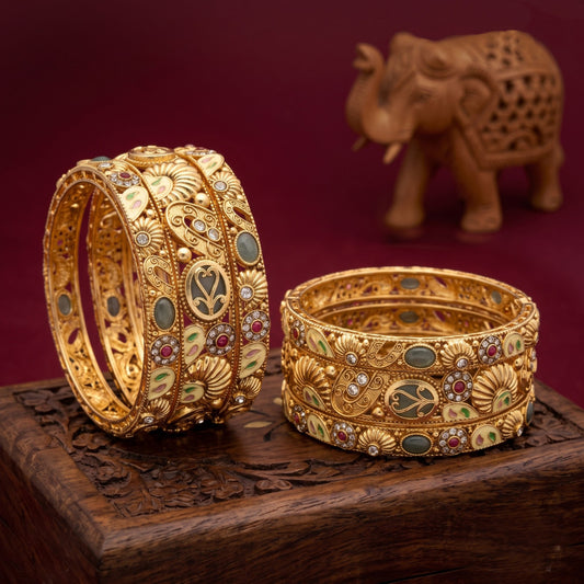 Premium Rajwadi Gold-Plated 6 Pcs Designer Chuda Set with Green Stone & Meenakari Work