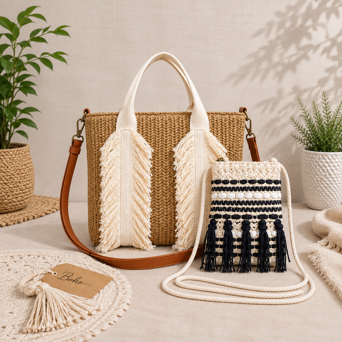 Handcrafted Woven Fringe Tote Bag with Matching Boho Sling