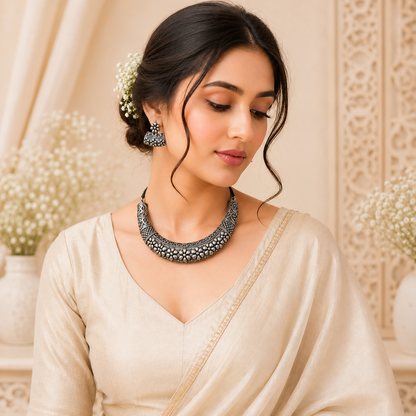 Vintage Oxidised Floral Choker Necklace Set with Earrings