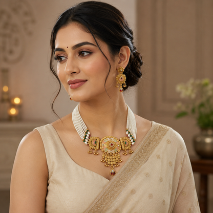 Premium Rajwadi Gold Plated Choker Necklace Set with Pearl Beads & Matching Earrings - 02