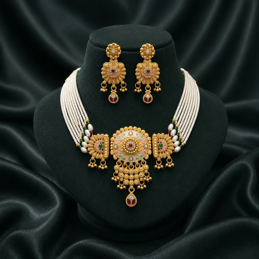Premium Rajwadi Gold Plated Choker Necklace Set with Pearl Beads & Matching Earrings - 02