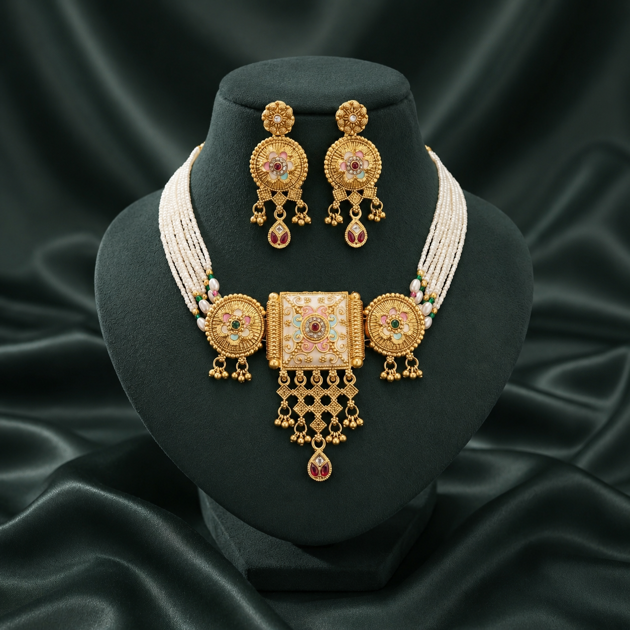 Premium Rajwadi Gold Plated Choker Necklace Set with Pearl Beads & Matching Earrings - 01