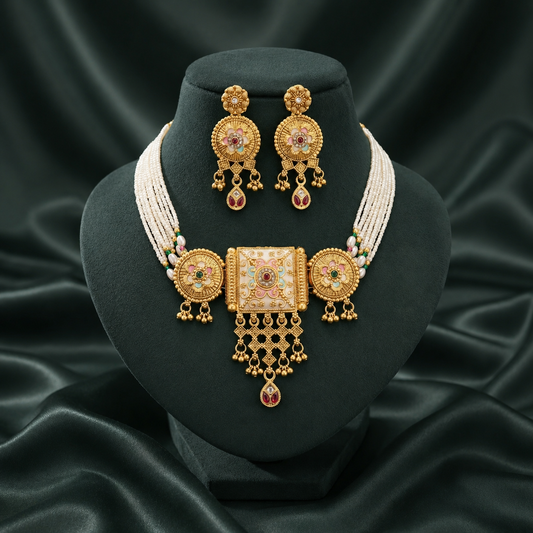 Premium Rajwadi Gold Plated Choker Necklace Set with Pearl Beads & Matching Earrings - 01