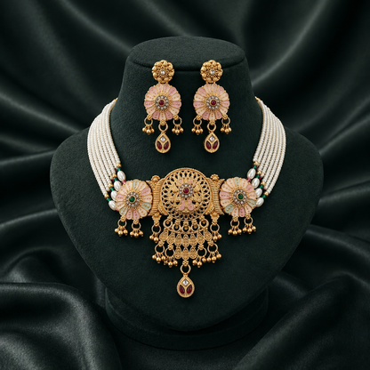 Premium Rajwadi Gold Plated Choker Necklace Set with Pearl Beads & Matching Earrings - 03