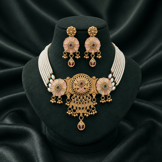 Premium Rajwadi Gold Plated Choker Necklace Set with Pearl Beads & Matching Earrings - 03