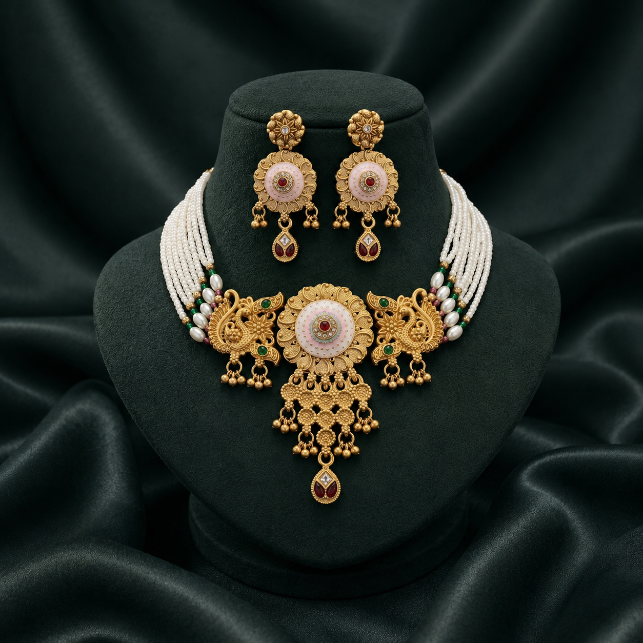 Premium Rajwadi Gold Plated Choker Necklace Set with Pearl Beads & Matching Earrings - 04