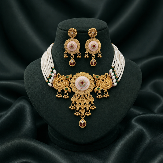 Premium Rajwadi Gold Plated Choker Necklace Set with Pearl Beads & Matching Earrings - 04