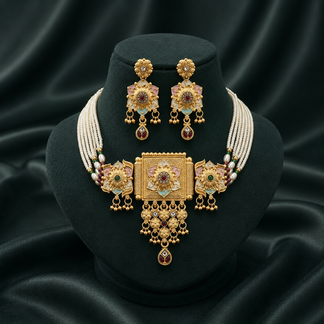Premium Rajwadi Gold Plated Choker Necklace Set with Pearl Beads & Matching Earrings - 05