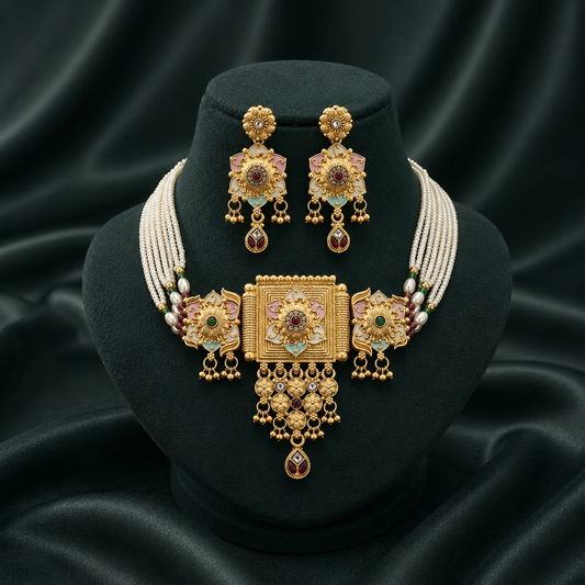 Premium Rajwadi Gold Plated Choker Necklace Set with Pearl Beads & Matching Earrings - 05