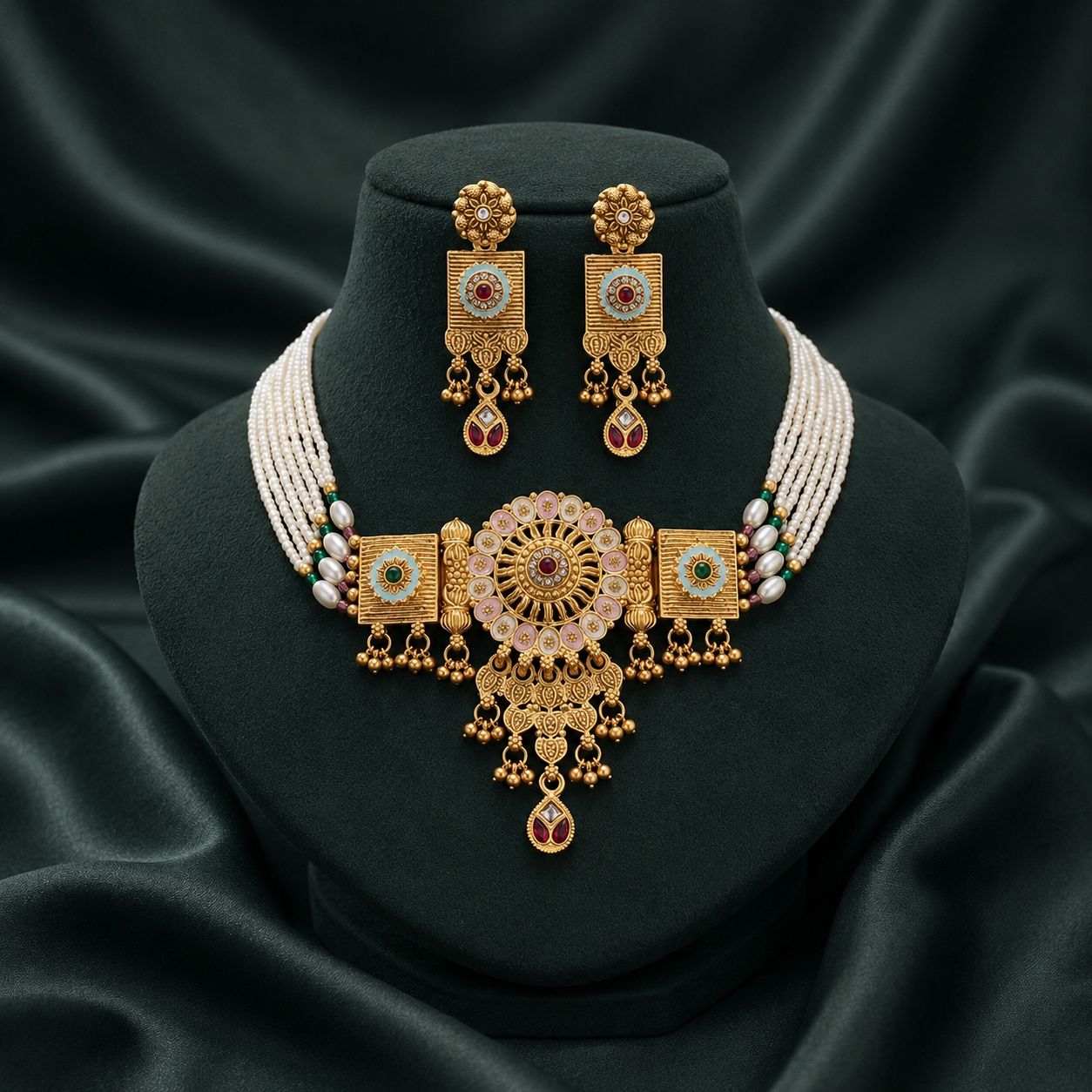Premium Rajwadi Gold Plated Choker Necklace Set with Pearl Beads & Matching Earrings - 07