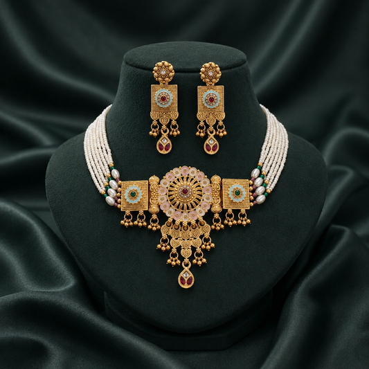 Premium Rajwadi Gold Plated Choker Necklace Set with Pearl Beads & Matching Earrings - 07