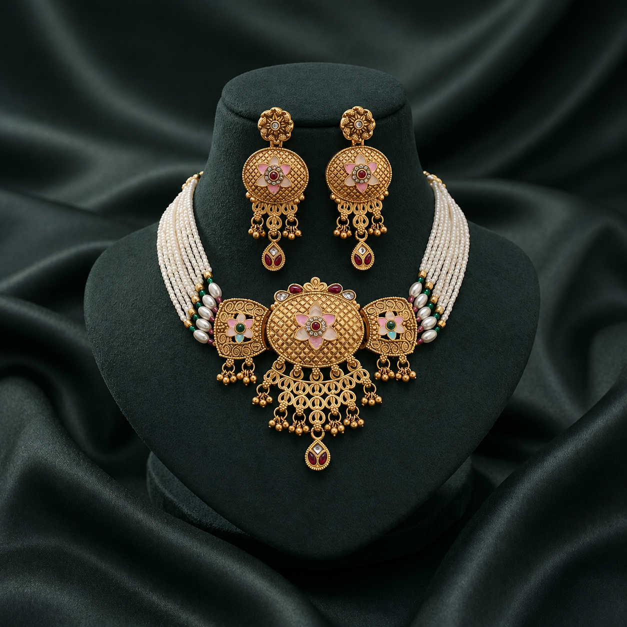 Premium Rajwadi Gold Plated Choker Necklace Set with Pearl Beads & Matching Earrings - 08