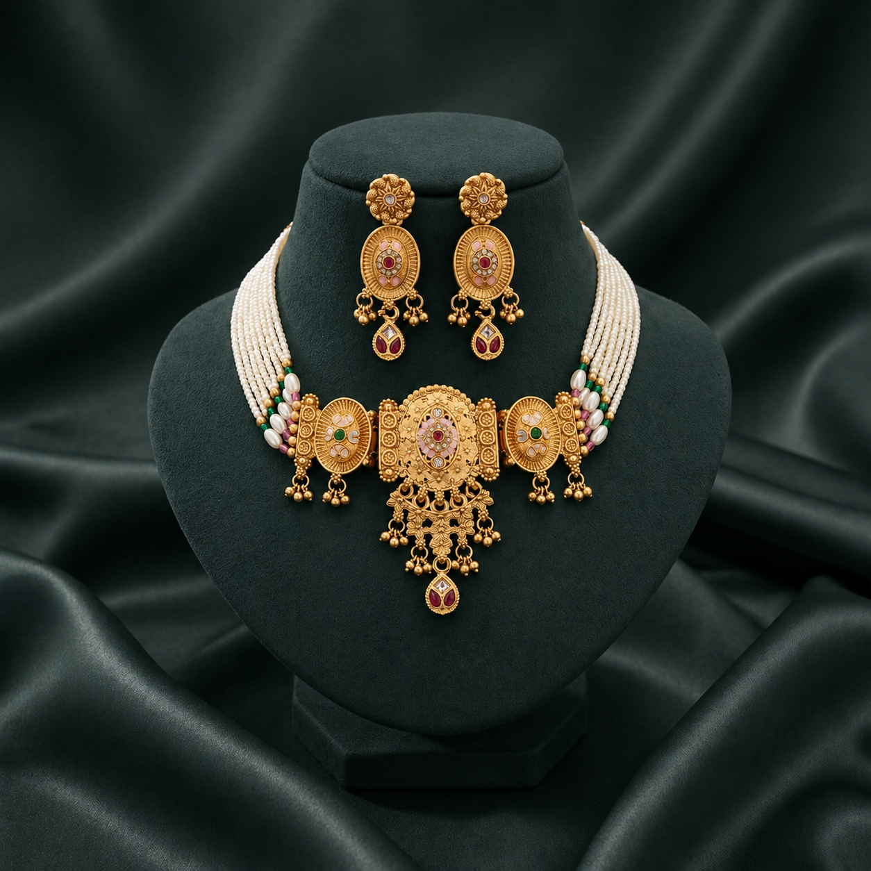 Premium Rajwadi Gold Plated Choker Necklace Set with Pearl Beads & Matching Earrings - 09