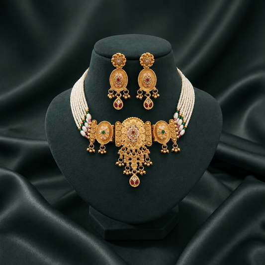 Premium Rajwadi Gold Plated Choker Necklace Set with Pearl Beads & Matching Earrings - 09