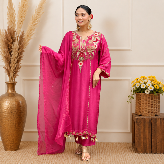 Women's Pure Viscose Chanderi Silk Embroidered Kurta Set with Heavy Chanderi Dupatta