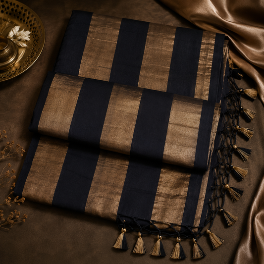Tissue Silk Alternate Stripe Saree (Black & Antique Gold) - Without Blouse Piece