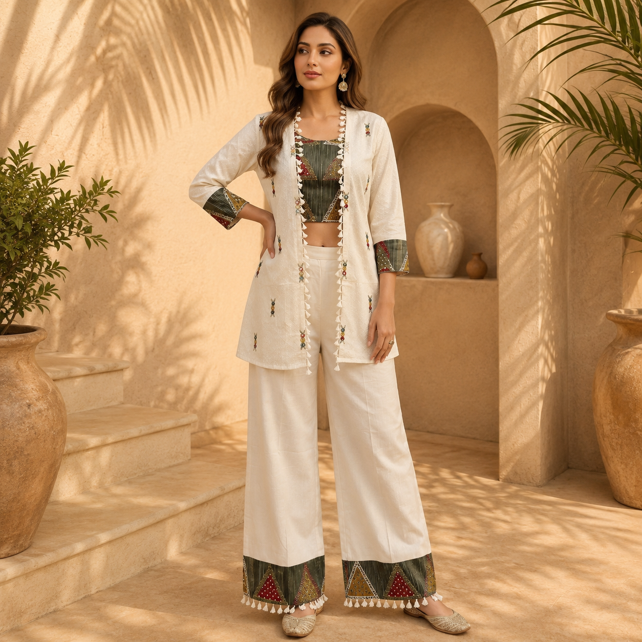 Premium Cotton Embroidered Co-Ord Set with Jacket – Ivory White