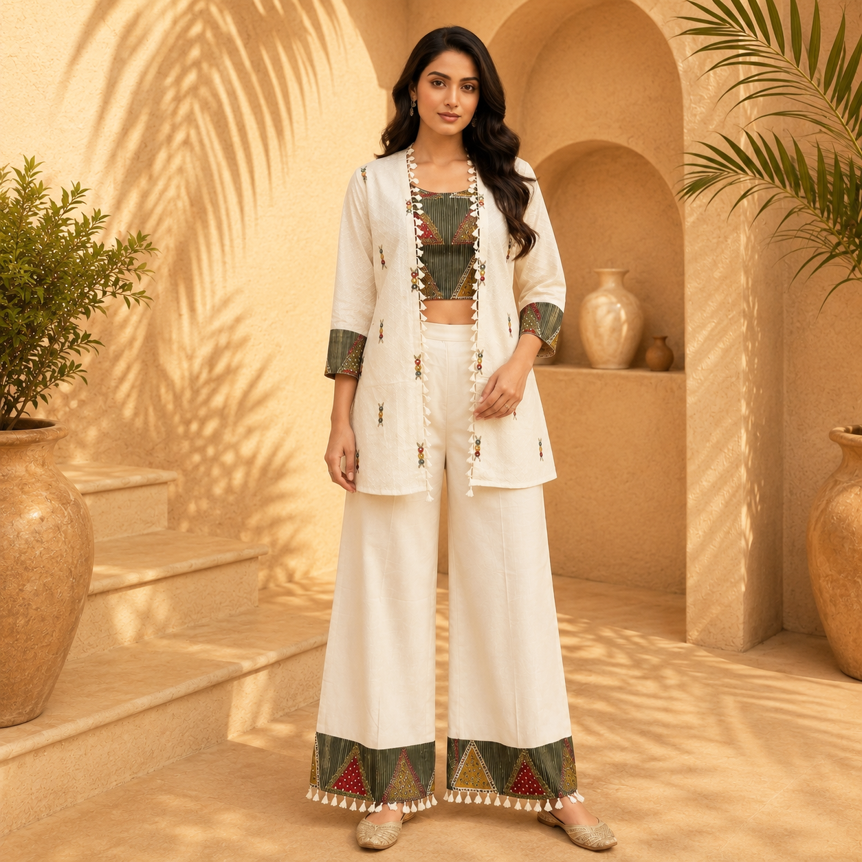 Premium Cotton Embroidered Co-Ord Set with Jacket – Ivory White