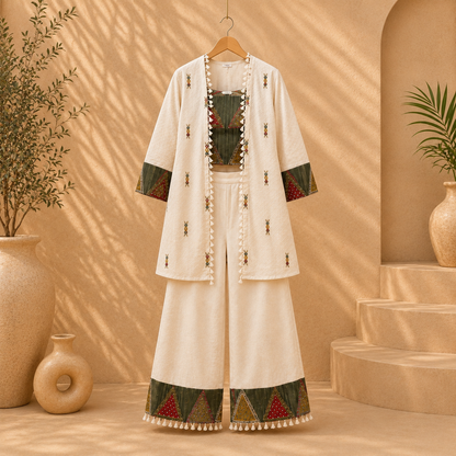 Premium Cotton Embroidered Co-Ord Set with Jacket – Ivory White