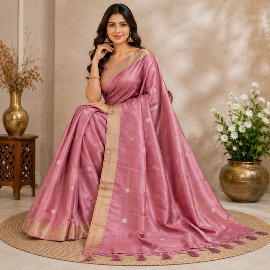 Rose Pink Tissue Silk Saree with Gold Butti & Tassel Border | Pure raw mango 3 piece suit set