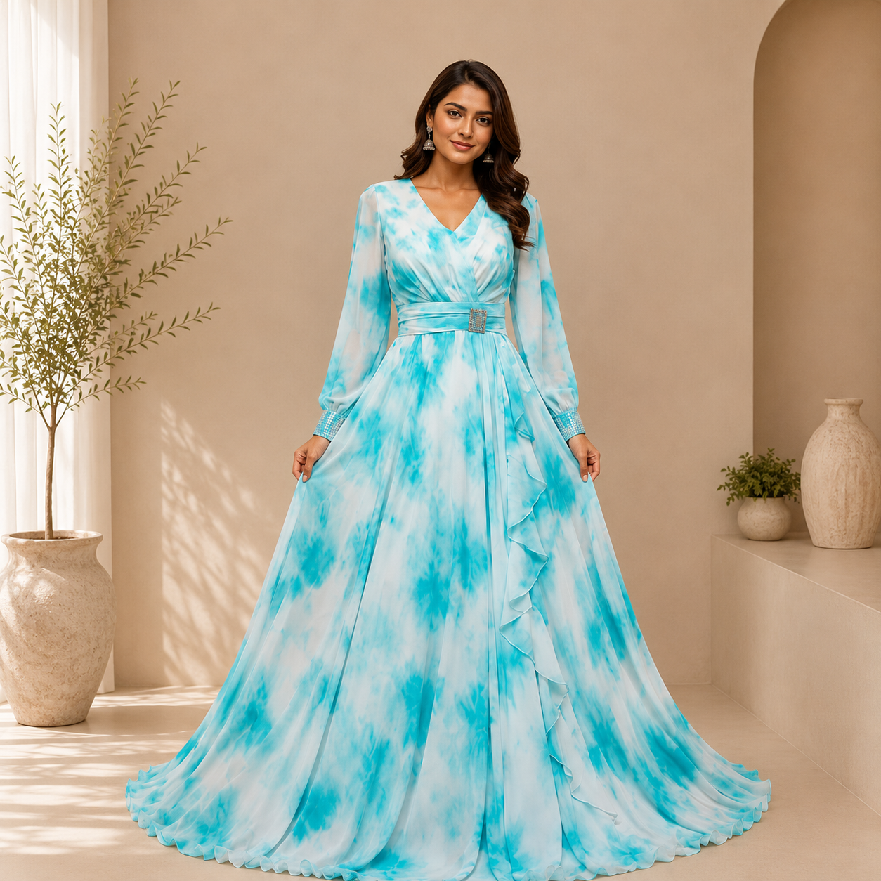 Premium Tie-Dye Georgette Flared Maxi Gown for Women