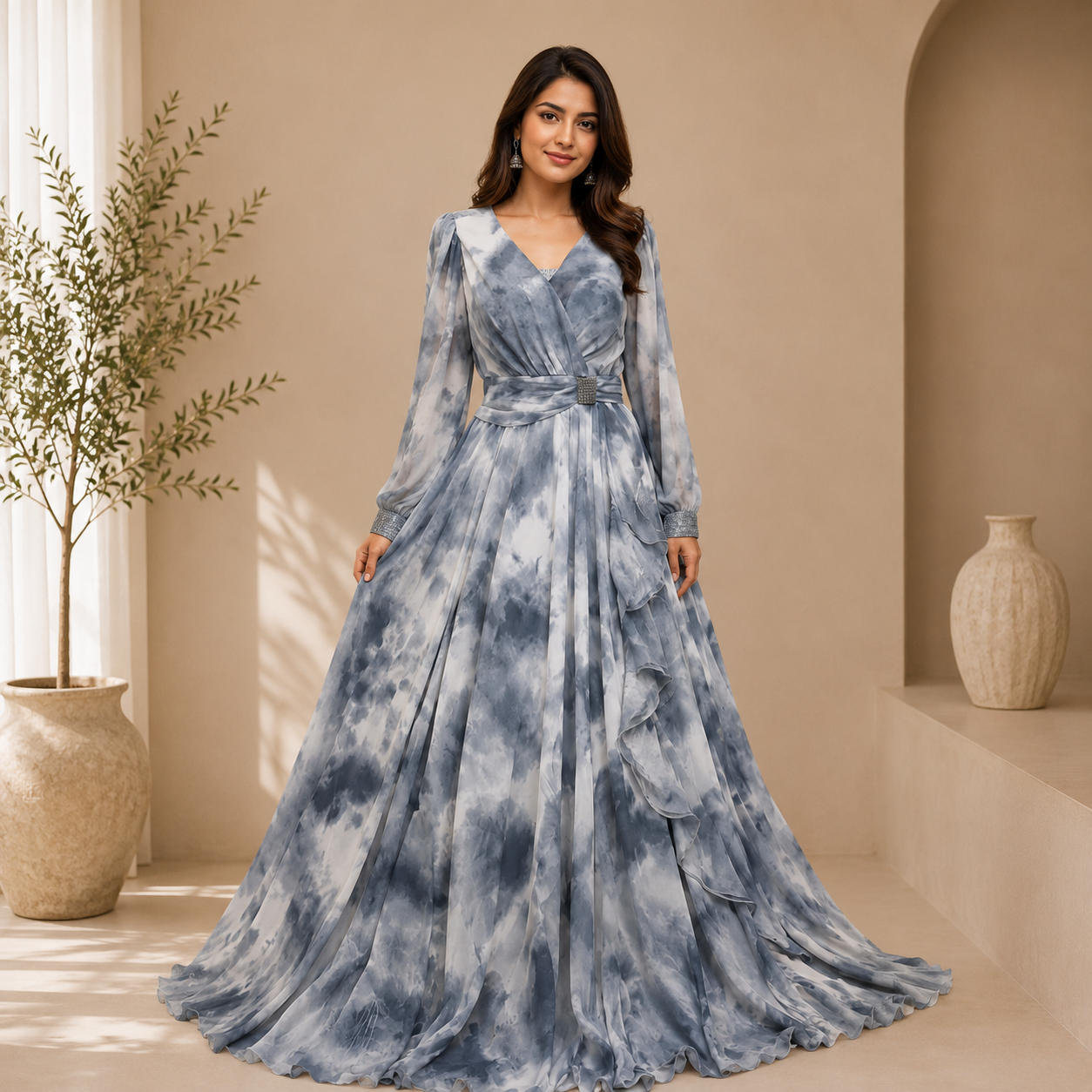 Premium Tie-Dye Georgette Flared Maxi Gown for Women