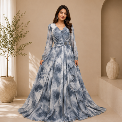 Premium Tie-Dye Georgette Flared Maxi Gown for Women