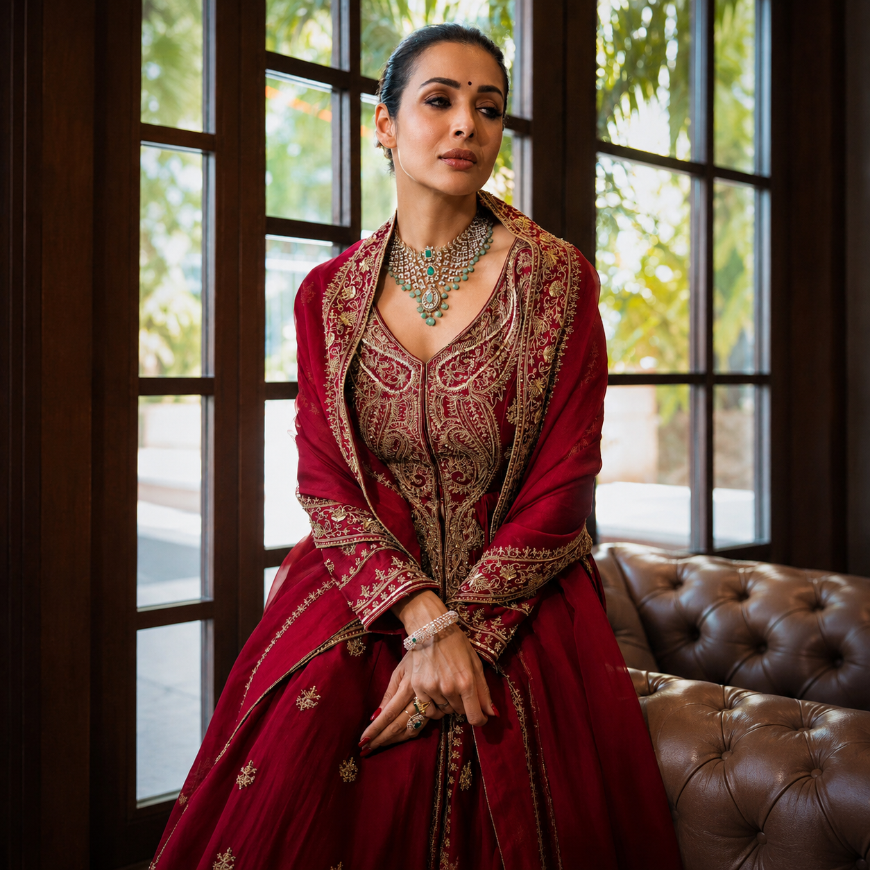Designer Chinon Silk Anarkali Gown Set with Embroidered Dupatta