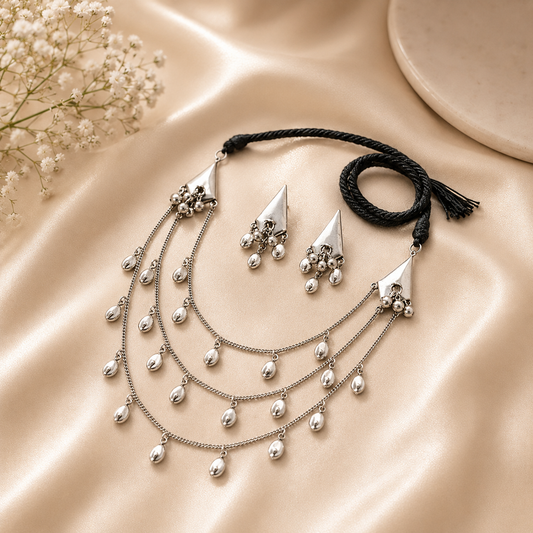 Boho Chic Oxidised Silver Statement Necklace & Earrings Set