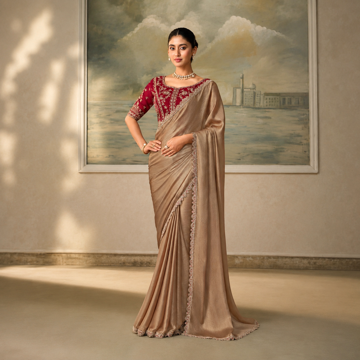 Salsa Premium Georgette Embroidered Saree with Tussar Blouse - Unstitched Blouse
