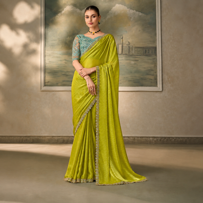 Salsa Premium Georgette Embroidered Saree with Tussar Blouse - Unstitched Blouse