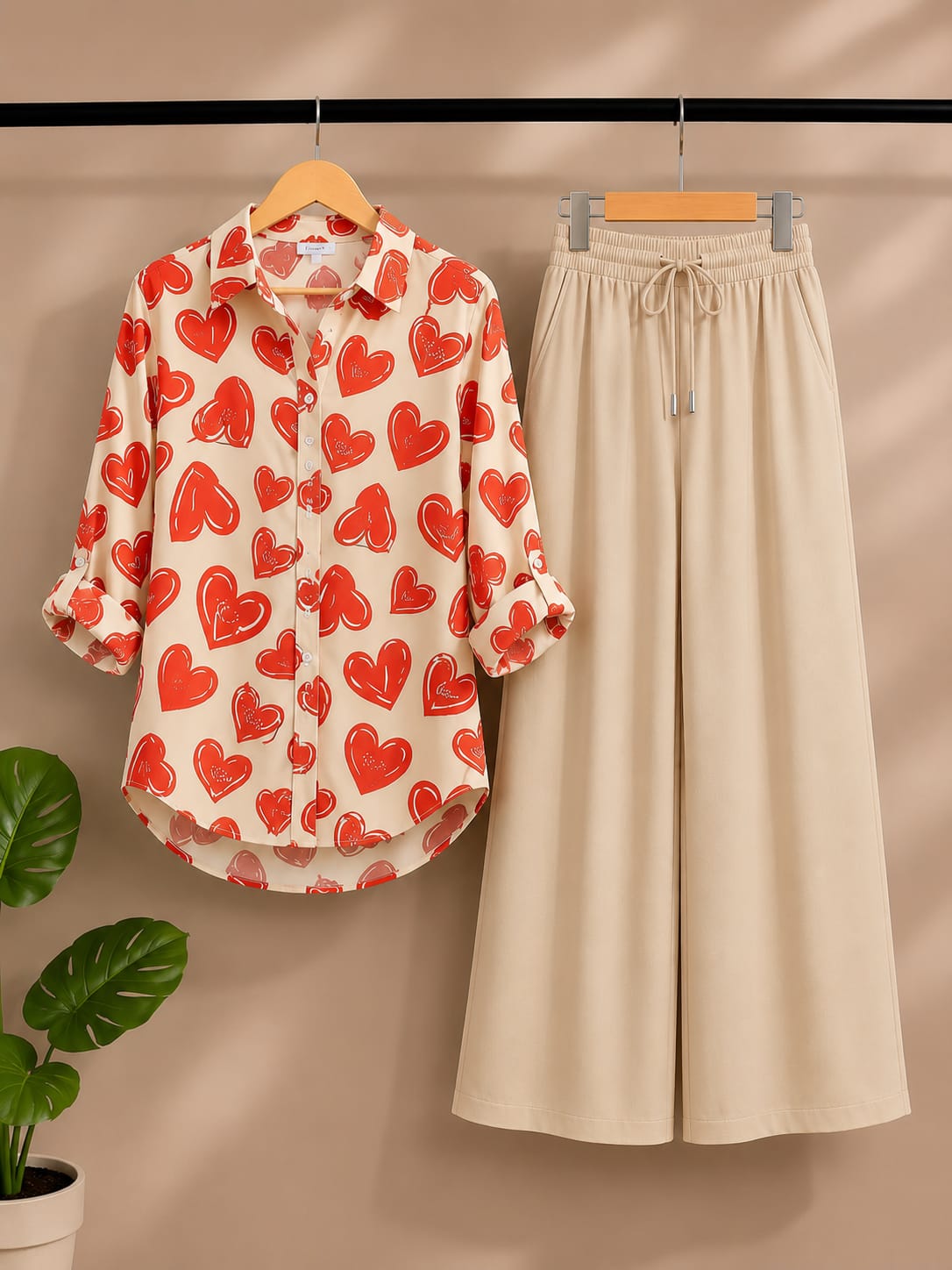 Women's Korean Style Crepe Shirt & Cotton Pant Co-Ord Set – Red Heart Combination