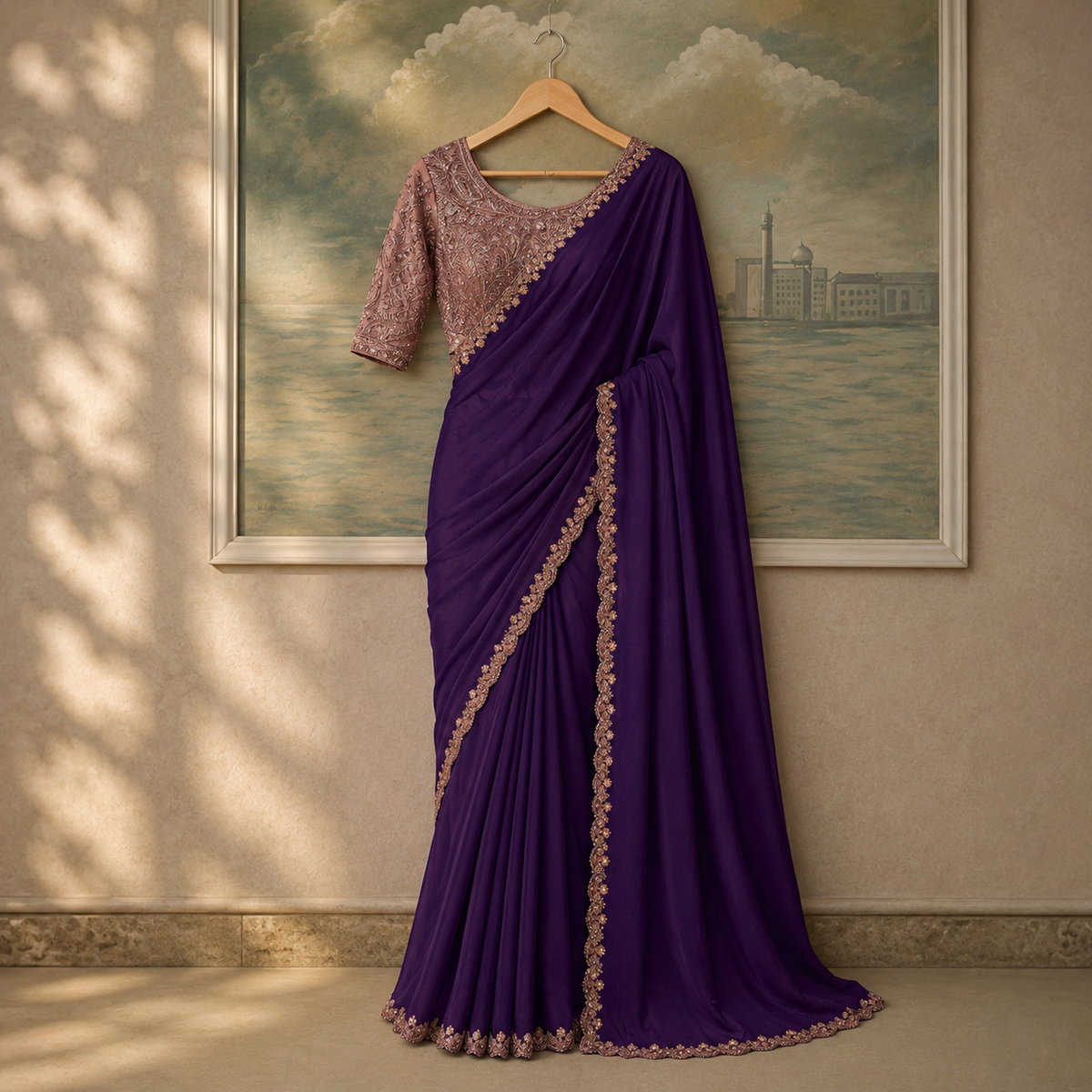 Salsa Premium Georgette Embroidered Saree with Tussar Blouse - Unstitched Blouse